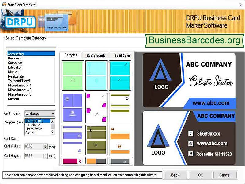 Screenshot of Business Card Design Tool