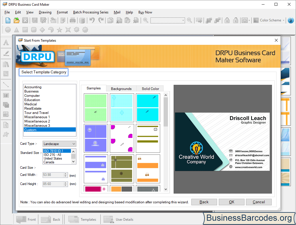 Choose template category & card type