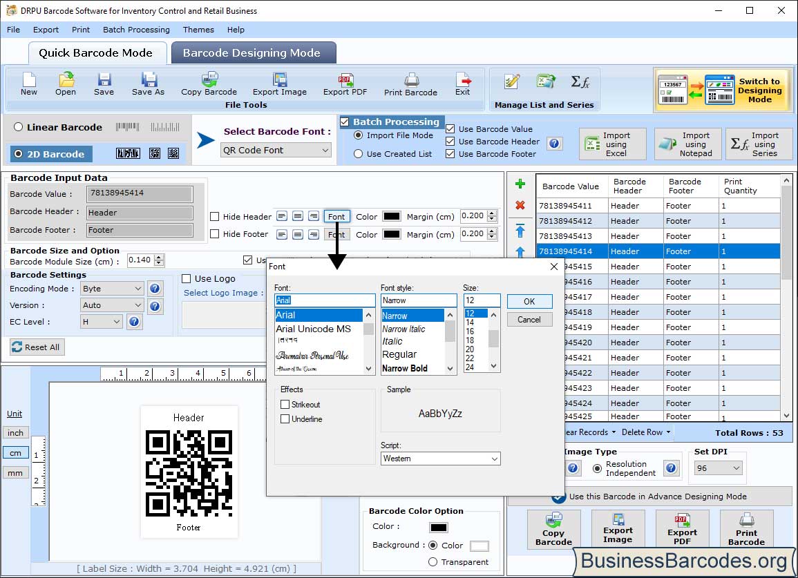 Barcode Font Settings