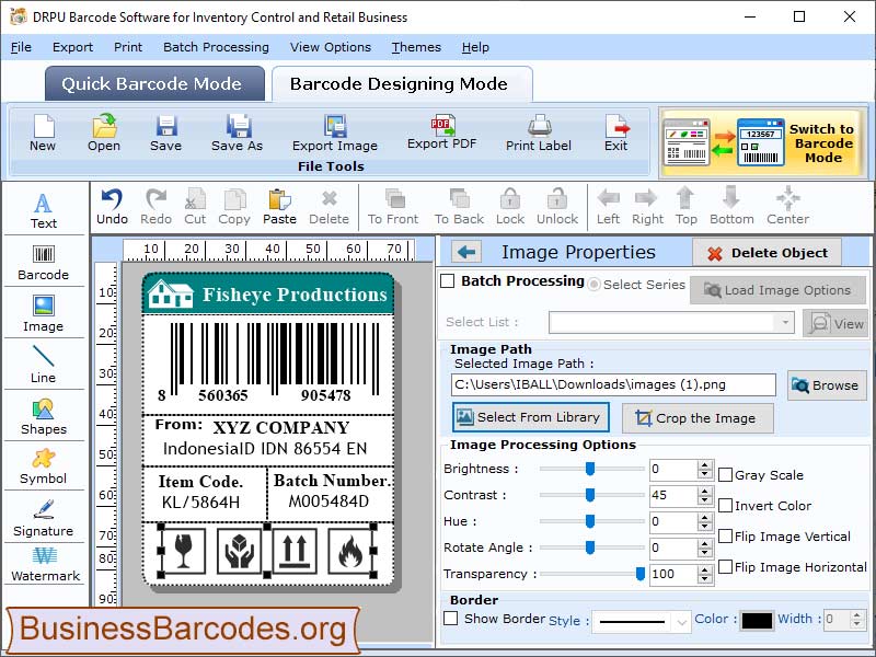 Screenshot of Inventory 2D Barcode Label