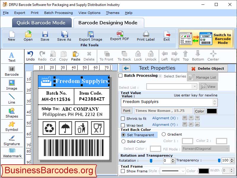 Screenshot of Packaging Barcodes Generator Tool 2.7