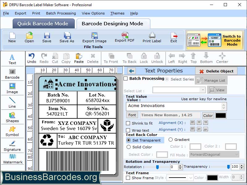 Screenshot of Professional Barcode Printable Tool